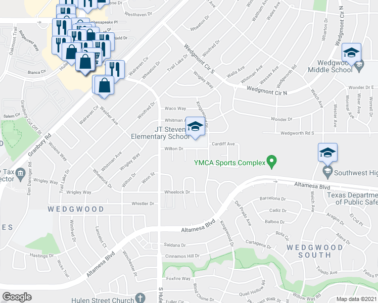 map of restaurants, bars, coffee shops, grocery stores, and more near 6301 Walburn Court in Fort Worth