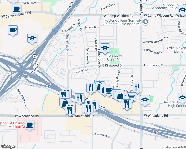 map of restaurants, bars, coffee shops, grocery stores, and more near 3335 Choir Street in Dallas
