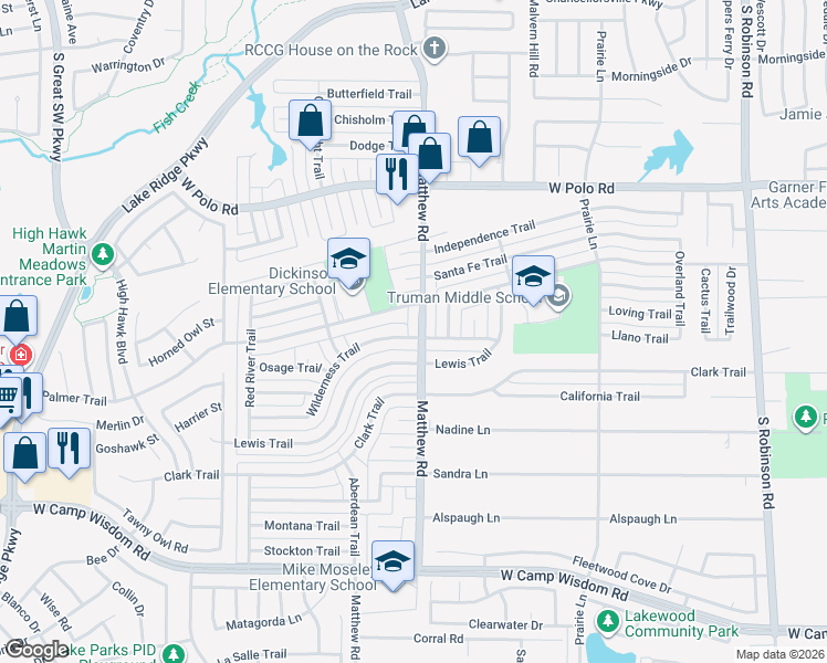 map of restaurants, bars, coffee shops, grocery stores, and more near 5014 Coffeyville Trail in Grand Prairie