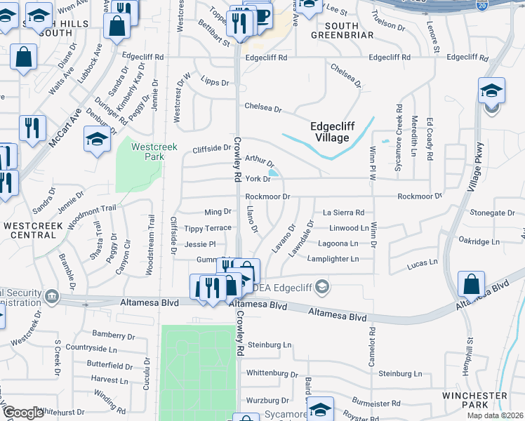map of restaurants, bars, coffee shops, grocery stores, and more near 6308 Lunar Drive in Edgecliff Village