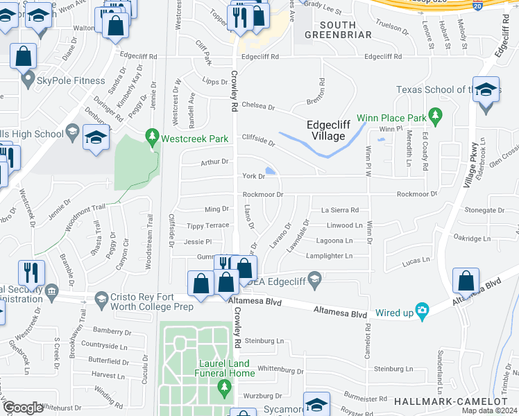 map of restaurants, bars, coffee shops, grocery stores, and more near 6308 Lunar Drive in Fort Worth