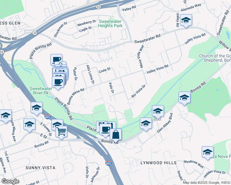 map of restaurants, bars, coffee shops, grocery stores, and more near 3205 Mesa Verde Road in Bonita