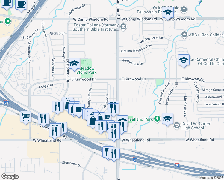 map of restaurants, bars, coffee shops, grocery stores, and more near 7721 Kirkland Court in Dallas