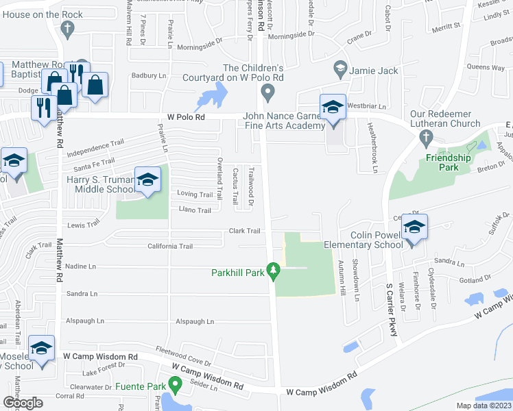 map of restaurants, bars, coffee shops, grocery stores, and more near 4841 Trailwood Drive in Grand Prairie