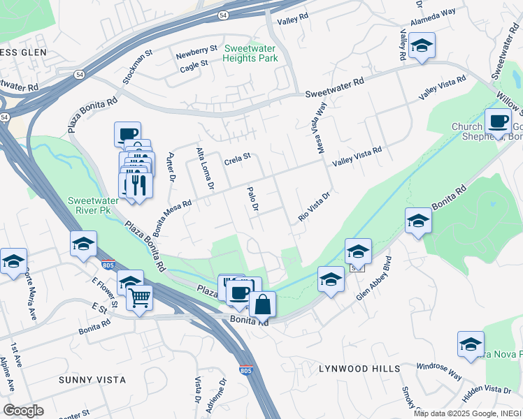 map of restaurants, bars, coffee shops, grocery stores, and more near 3205 Mesa Verde Road in Bonita