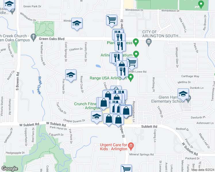 map of restaurants, bars, coffee shops, grocery stores, and more near 5711 Calumet Drive in Arlington