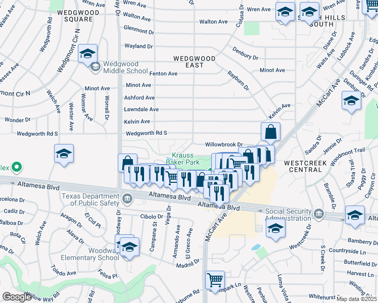 map of restaurants, bars, coffee shops, grocery stores, and more near 4 Park Lake Drive in Fort Worth