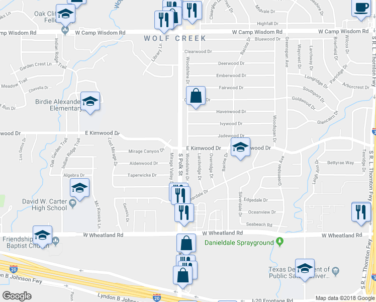 map of restaurants, bars, coffee shops, grocery stores, and more near 7806 Woodshire Drive in Dallas
