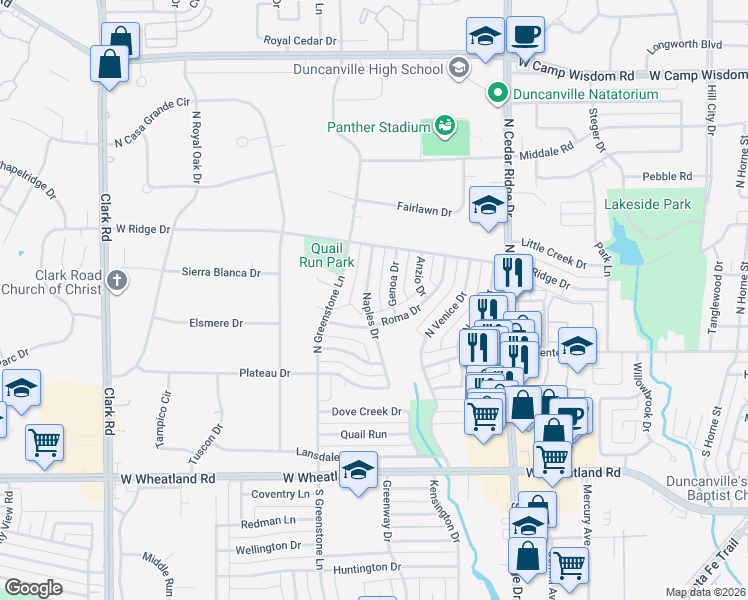 map of restaurants, bars, coffee shops, grocery stores, and more near 210 Naples Drive in Duncanville