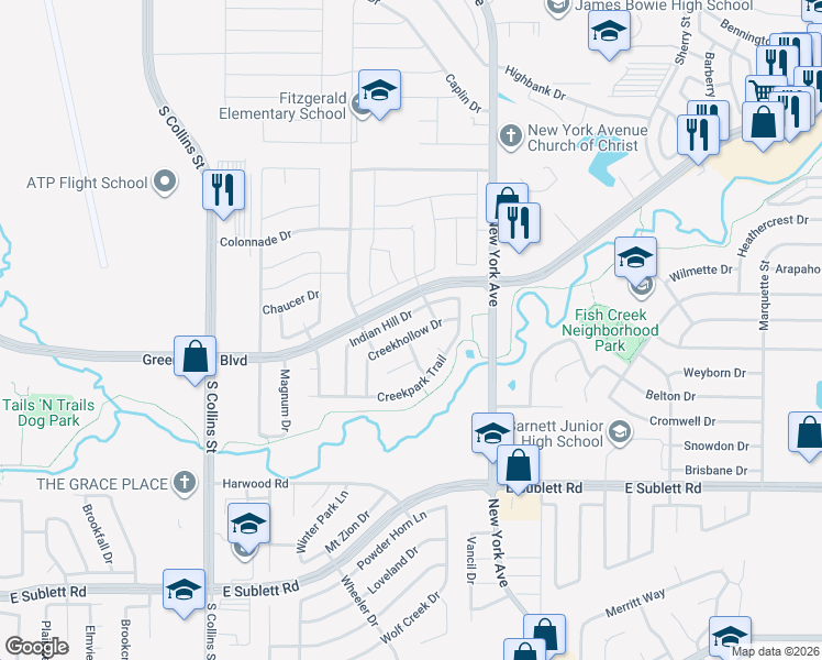 map of restaurants, bars, coffee shops, grocery stores, and more near 5622 Creekhollow Drive in Arlington