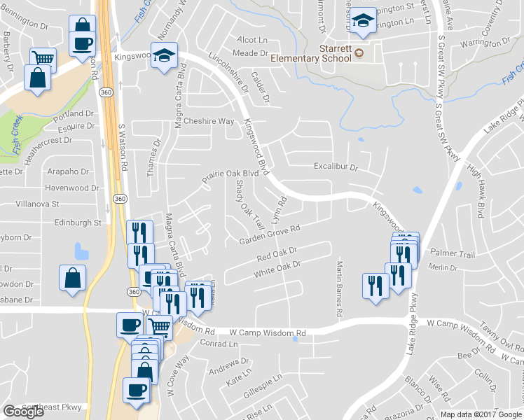 map of restaurants, bars, coffee shops, grocery stores, and more near 4945 Oak Hollow Drive in Grand Prairie