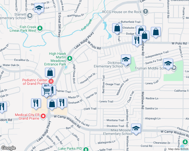 map of restaurants, bars, coffee shops, grocery stores, and more near 2219 Horned Owl Street in Grand Prairie