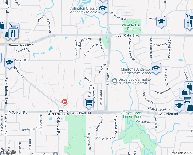 map of restaurants, bars, coffee shops, grocery stores, and more near 950 Royal Circle in Arlington