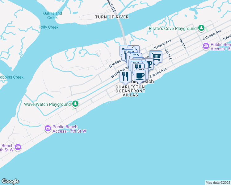map of restaurants, bars, coffee shops, grocery stores, and more near 214 West Arctic Avenue in Folly Beach