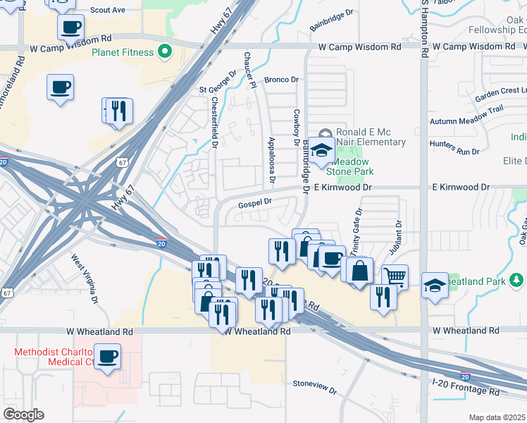map of restaurants, bars, coffee shops, grocery stores, and more near 3320 Heavenly Way in Dallas