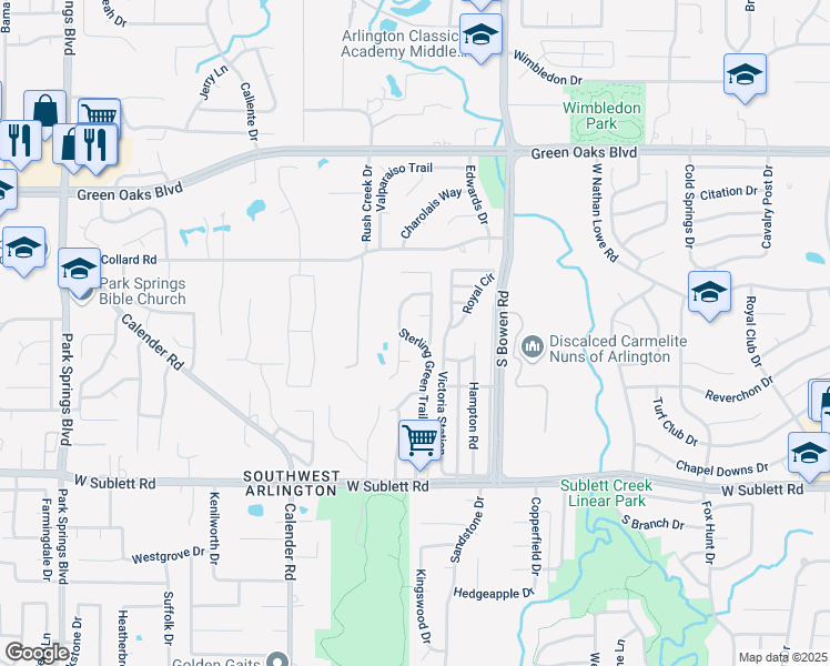 map of restaurants, bars, coffee shops, grocery stores, and more near 5735 Sterling Green Trail in Arlington