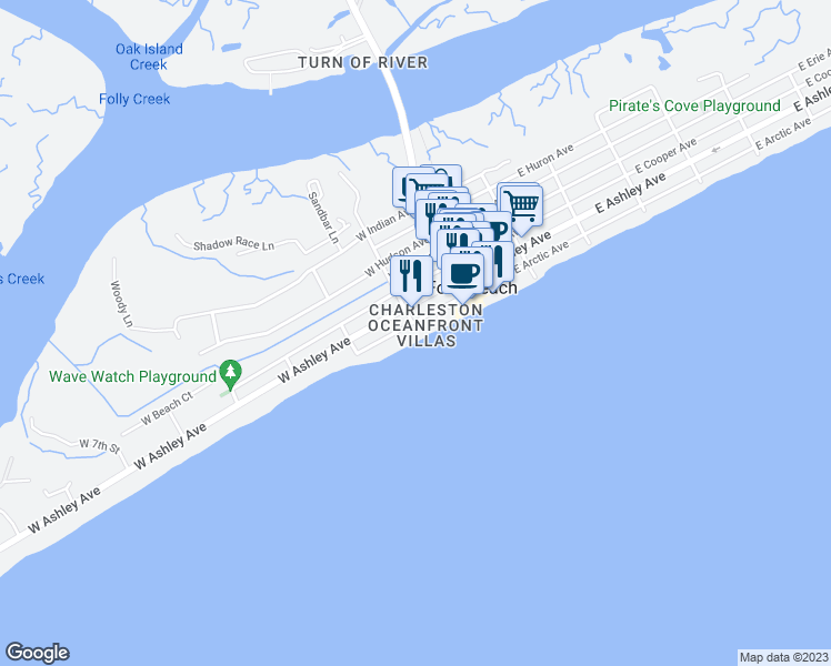 map of restaurants, bars, coffee shops, grocery stores, and more near 201 West Arctic Avenue in Folly Beach