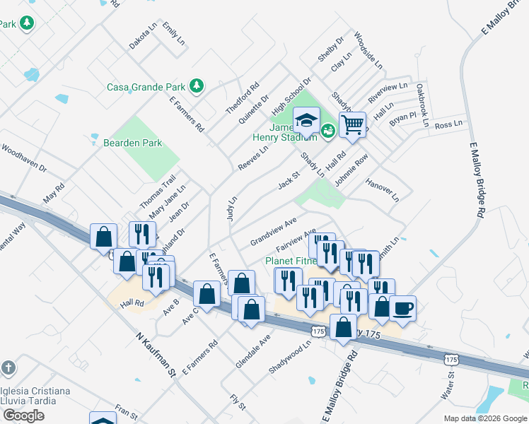 map of restaurants, bars, coffee shops, grocery stores, and more near 719 Hall Road in Seagoville