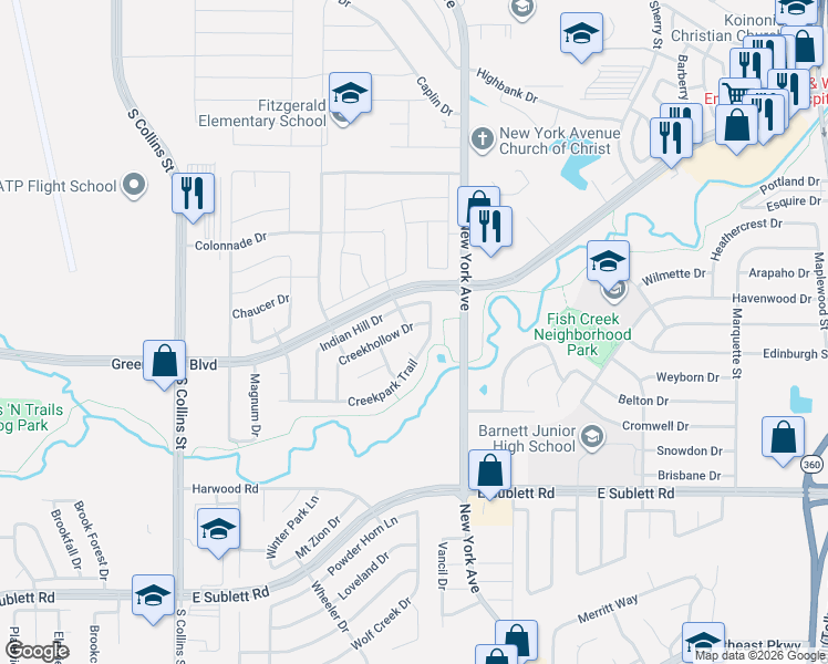 map of restaurants, bars, coffee shops, grocery stores, and more near 1817 Creekpark Trail in Arlington