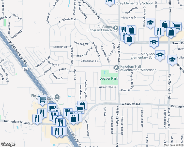 map of restaurants, bars, coffee shops, grocery stores, and more near 4605 Elm Tree Court in Arlington