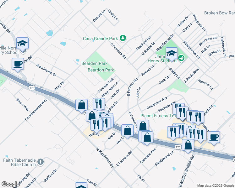 map of restaurants, bars, coffee shops, grocery stores, and more near 520 Jean Drive in Seagoville