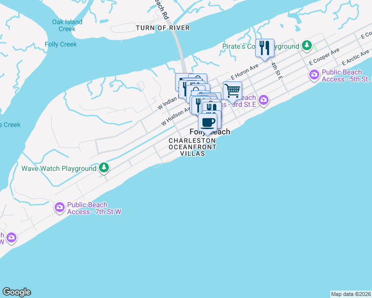 map of restaurants, bars, coffee shops, grocery stores, and more near 201 West Arctic Avenue in Folly Beach