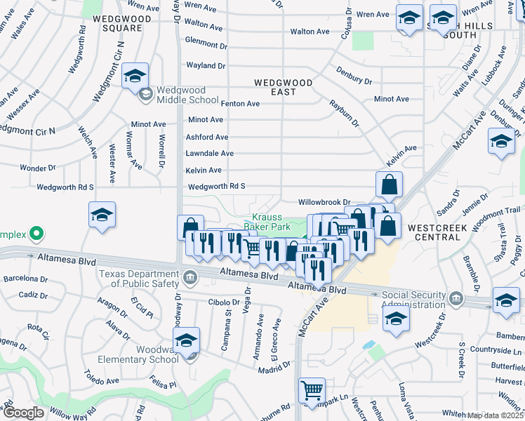 map of restaurants, bars, coffee shops, grocery stores, and more near 3721 Vega Place Circle in Fort Worth