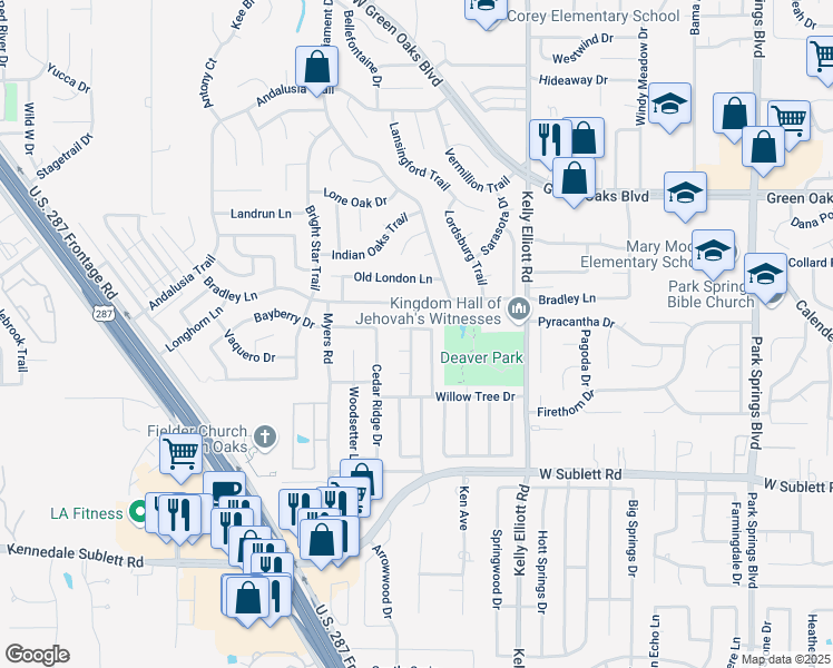 map of restaurants, bars, coffee shops, grocery stores, and more near 5701 Willow Elm Drive in Arlington