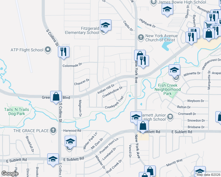 map of restaurants, bars, coffee shops, grocery stores, and more near 5641 Indian Hill Drive in Arlington