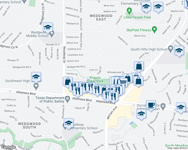 map of restaurants, bars, coffee shops, grocery stores, and more near 6196 Vega Drive in Fort Worth