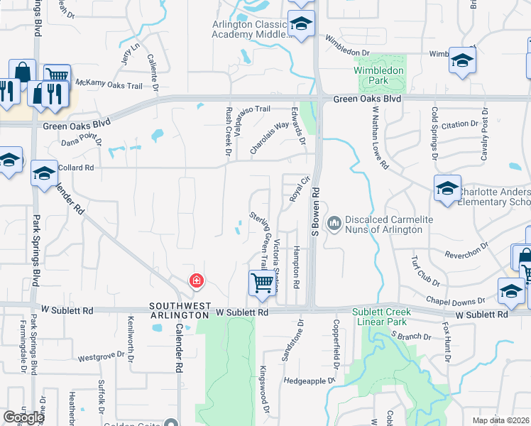map of restaurants, bars, coffee shops, grocery stores, and more near 5724 Autumn Wheat Trail in Arlington