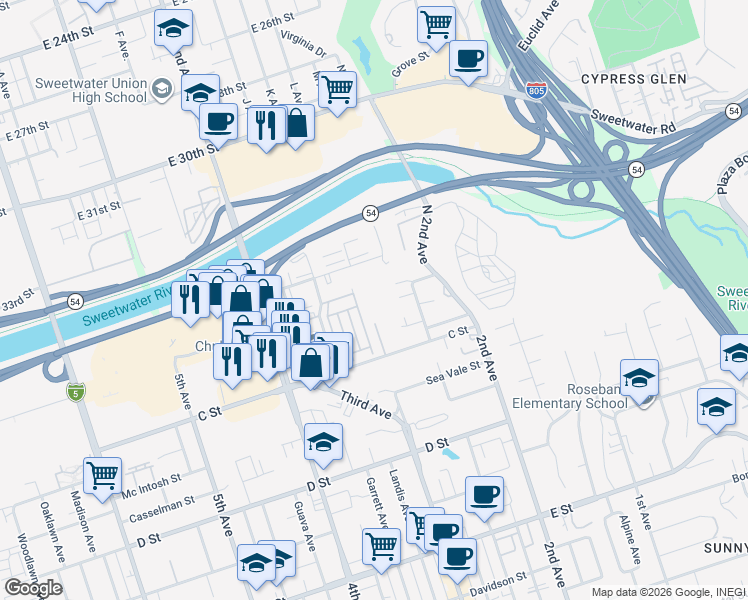 map of restaurants, bars, coffee shops, grocery stores, and more near 164 North Del Mar Avenue in Chula Vista