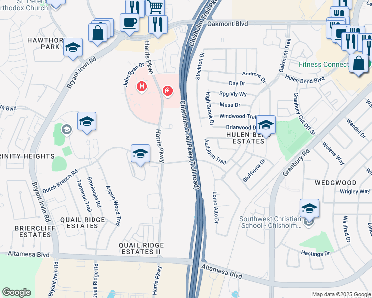 map of restaurants, bars, coffee shops, grocery stores, and more near 7088 Dutch Branch Road in Fort Worth