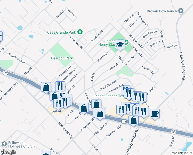 map of restaurants, bars, coffee shops, grocery stores, and more near 707 Jack Street in Seagoville