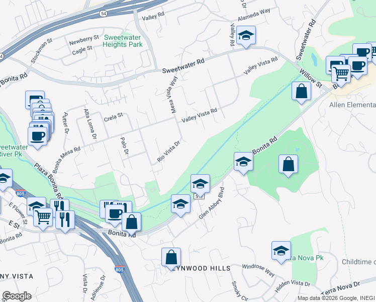 map of restaurants, bars, coffee shops, grocery stores, and more near 3859 Mesa Vista Way in Bonita