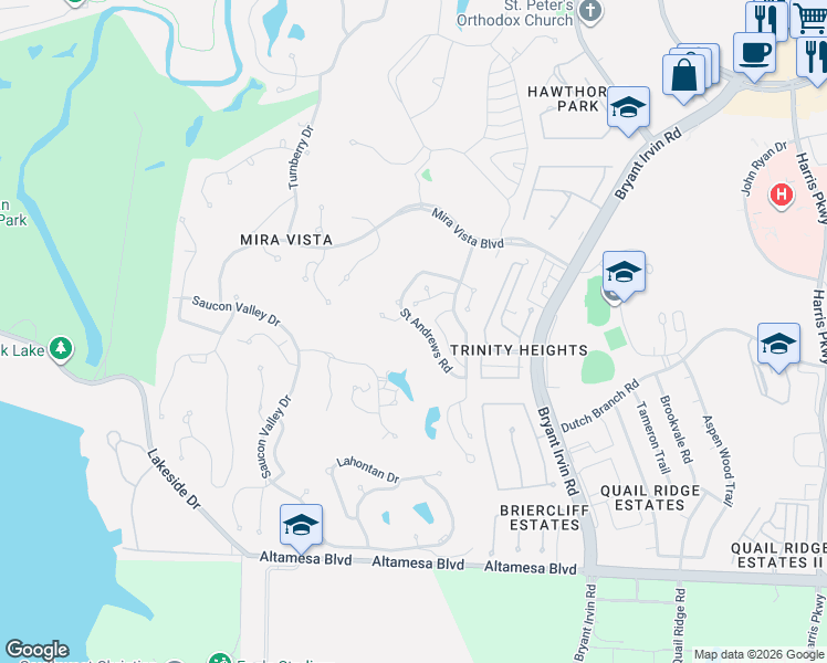 map of restaurants, bars, coffee shops, grocery stores, and more near 6708 Saint Andrews Road in Fort Worth