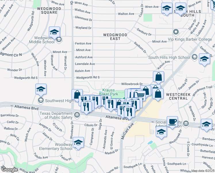 map of restaurants, bars, coffee shops, grocery stores, and more near 6184 Vega Drive in Fort Worth