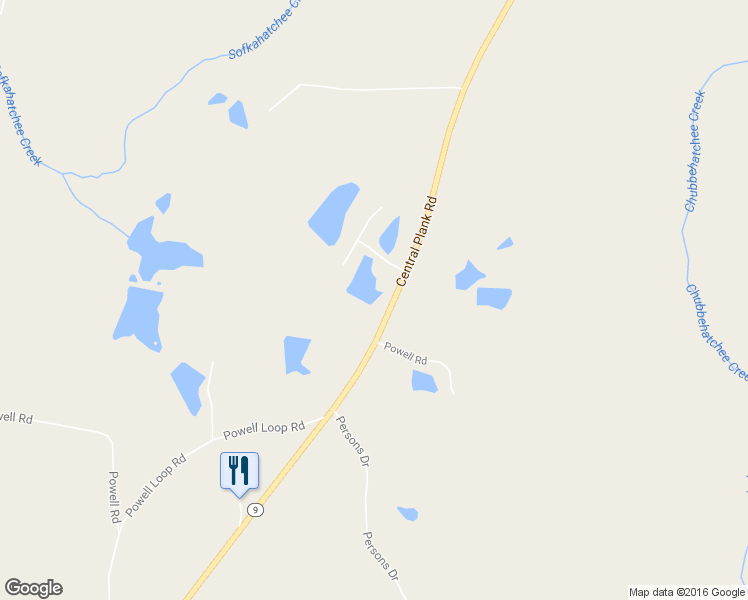 map of restaurants, bars, coffee shops, grocery stores, and more near 8981 Central Plank Road in Wetumpka