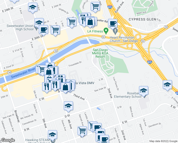 map of restaurants, bars, coffee shops, grocery stores, and more near 160 North Del Mar Avenue in Chula Vista
