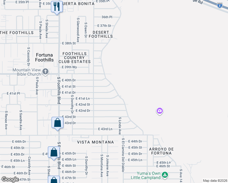 map of restaurants, bars, coffee shops, grocery stores, and more near 13320-13498 E 41st Ln in Yuma