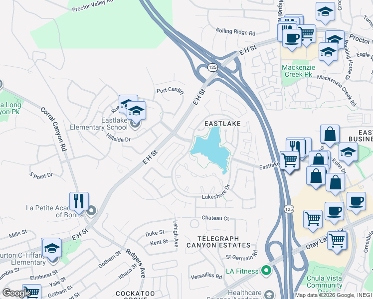 map of restaurants, bars, coffee shops, grocery stores, and more near 2050 Lakeshore Drive in Chula Vista