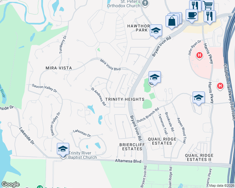 map of restaurants, bars, coffee shops, grocery stores, and more near 6682 Trinity Heights Boulevard in Fort Worth
