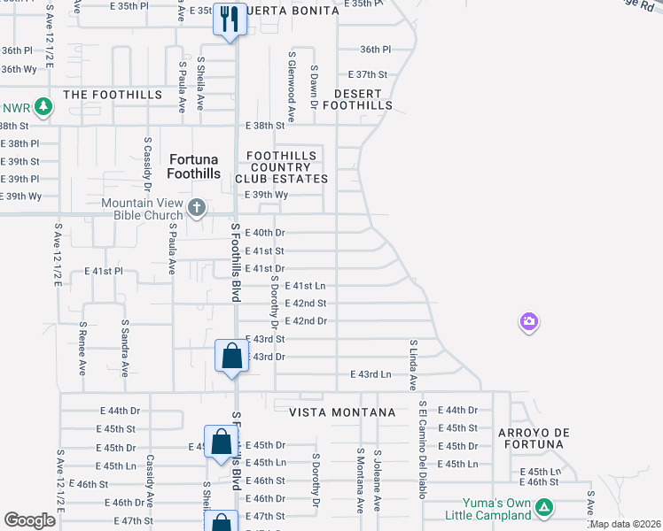 map of restaurants, bars, coffee shops, grocery stores, and more near 12160-12216 South El Camino Del Diablo in Yuma