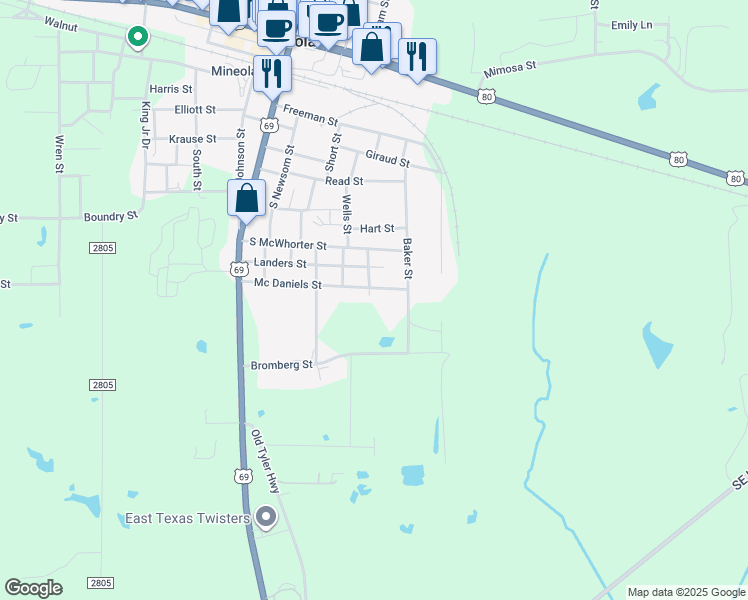 map of restaurants, bars, coffee shops, grocery stores, and more near 510 McDaniel Street in Mineola