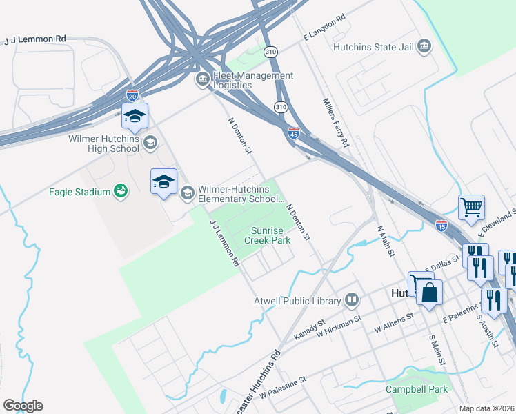 map of restaurants, bars, coffee shops, grocery stores, and more near 340 Morningstar Drive in Hutchins