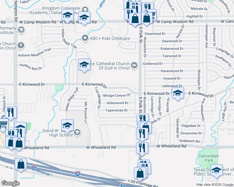 map of restaurants, bars, coffee shops, grocery stores, and more near 1312 Mirage Canyon Drive in Dallas