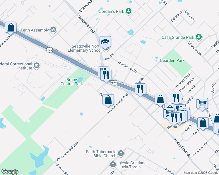 map of restaurants, bars, coffee shops, grocery stores, and more near 1515 N Kaufman St in Seagoville