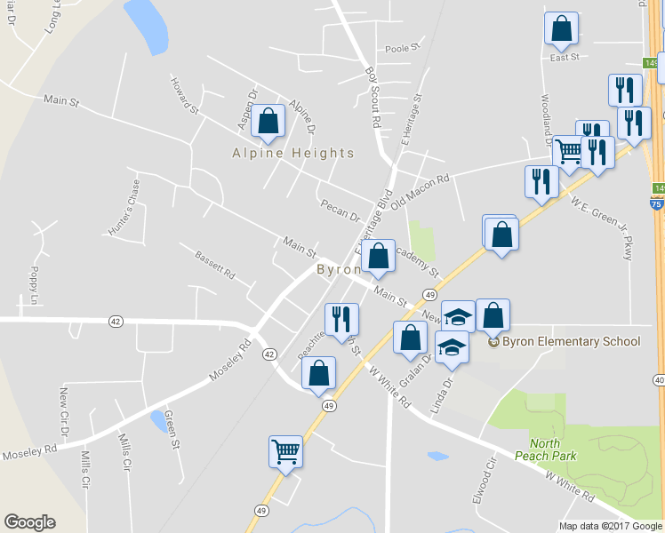 map of restaurants, bars, coffee shops, grocery stores, and more near 303B Main Street in Byron