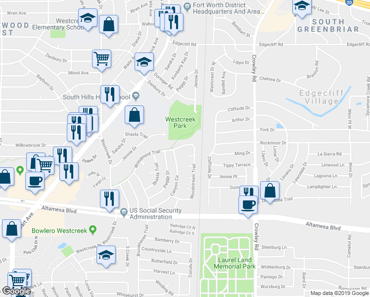 map of restaurants, bars, coffee shops, grocery stores, and more near 2313 Woodmont Trail in Fort Worth