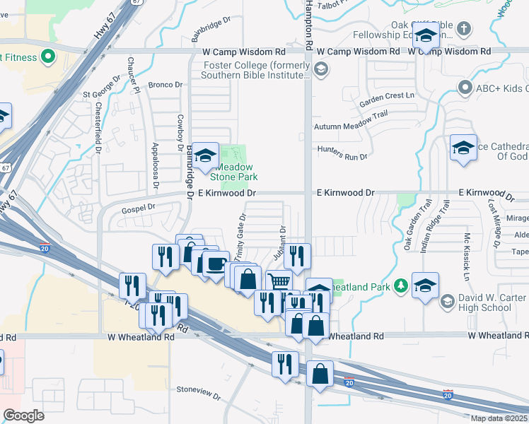 map of restaurants, bars, coffee shops, grocery stores, and more near 2532 Pilgrim Rest Drive in Dallas